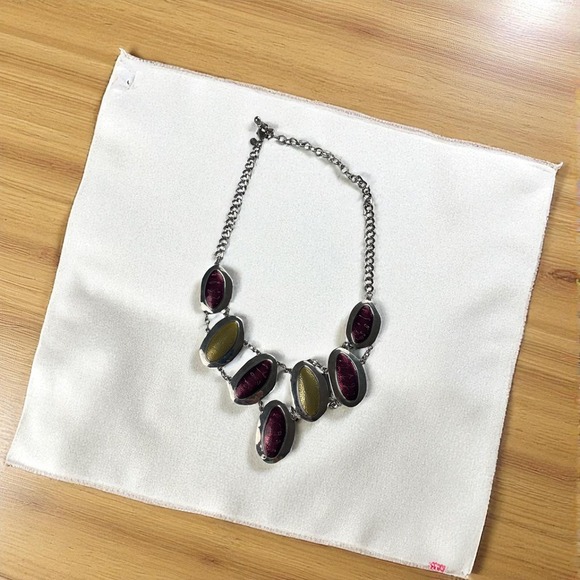 Chico's Silver Tone Statement Necklace Purple Gold Textured Oval Pendants - Picture 1 of 3